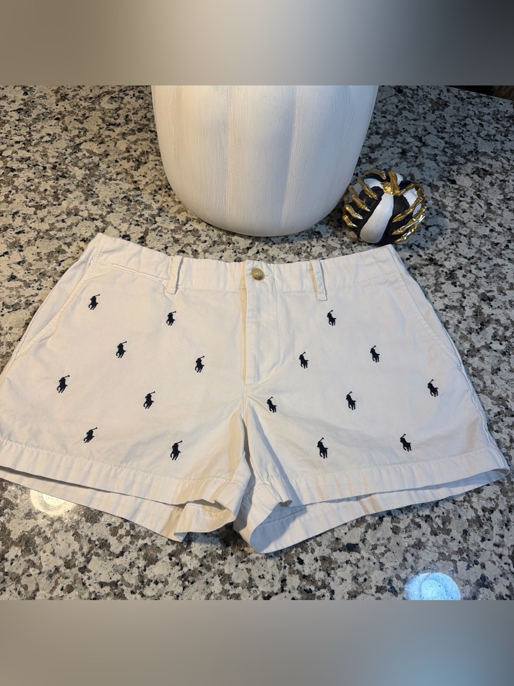Ralph Lauren Cream Shorts with Navy Polo Pony Embroidery